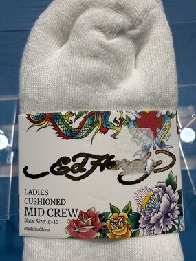Ed Hardy Ladies  White Crew Socks with Red Rose Embroidery 6 pairs